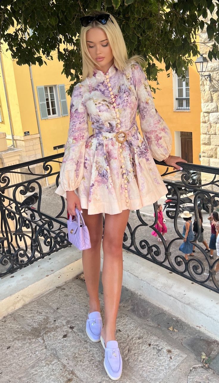 Euro summer outift purple floral dress lavender loafers